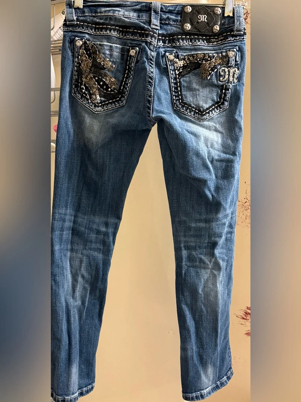 Miss Me Blue Straight Leg Jeans with Sequin Pocket Accents
